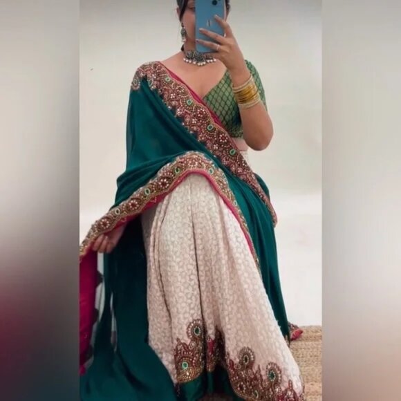 Sabyasachi White Lehanga with Emerald Green Details - Picture 3 of 12